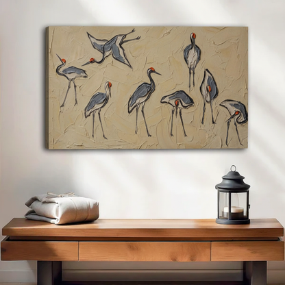 Red-crowned crane canvas wall art frameless gallery wrap, bold palette knife bird print with visible canvas edges, Asian home decor