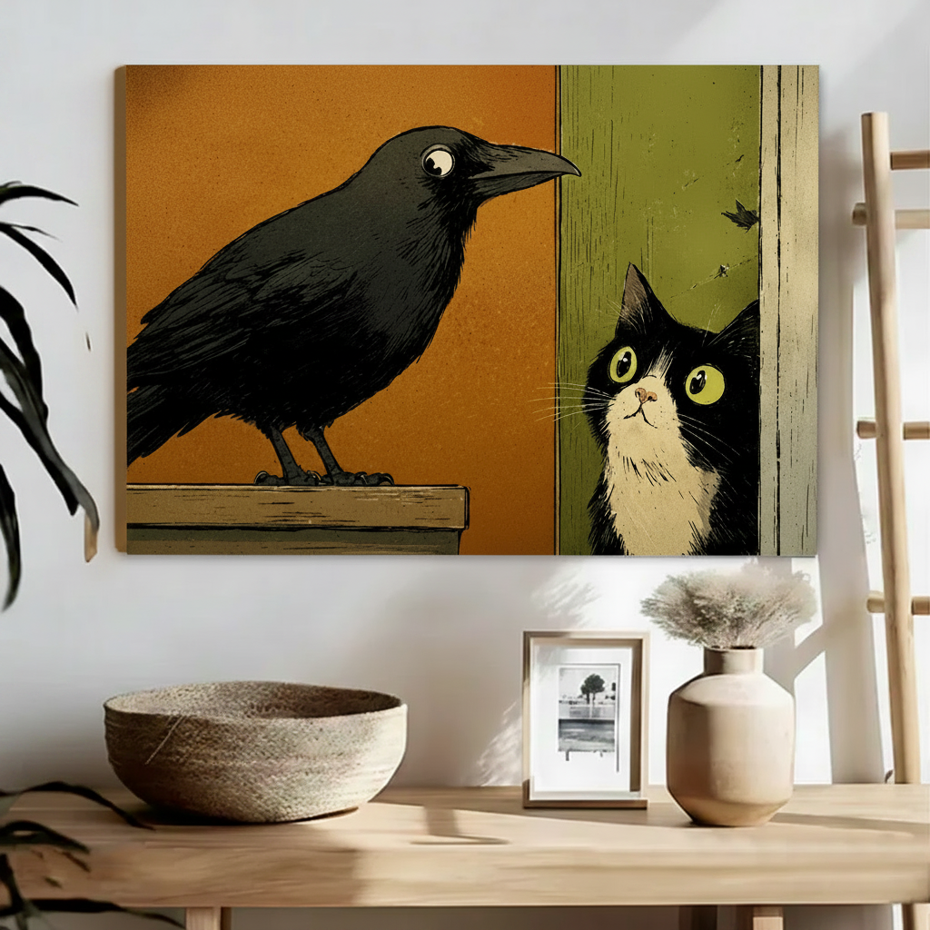 Funny crow cat staredown art print, retro comic style animal illustration for living room wall decor