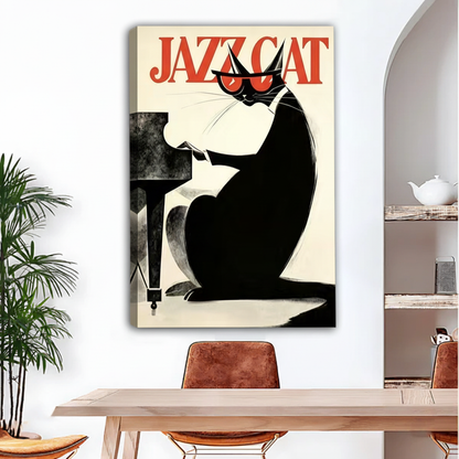 Jazz Cat retro poster canvas wall art, gallery wrap frameless, vintage piano cat print, modern dining room decor