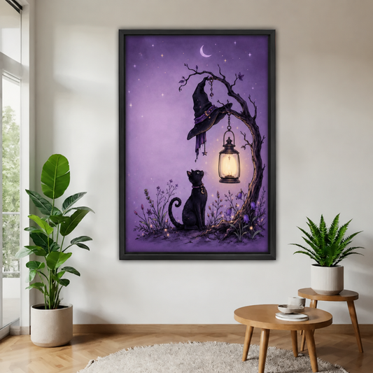 Whimsical Black Cat and Witch Hat Canvas Wall Art | Framed & Unframed l4640