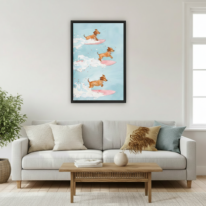 Surfing dachshund framed print hanging in bedroom, playful dog wall art with blue sky and pink surfboards