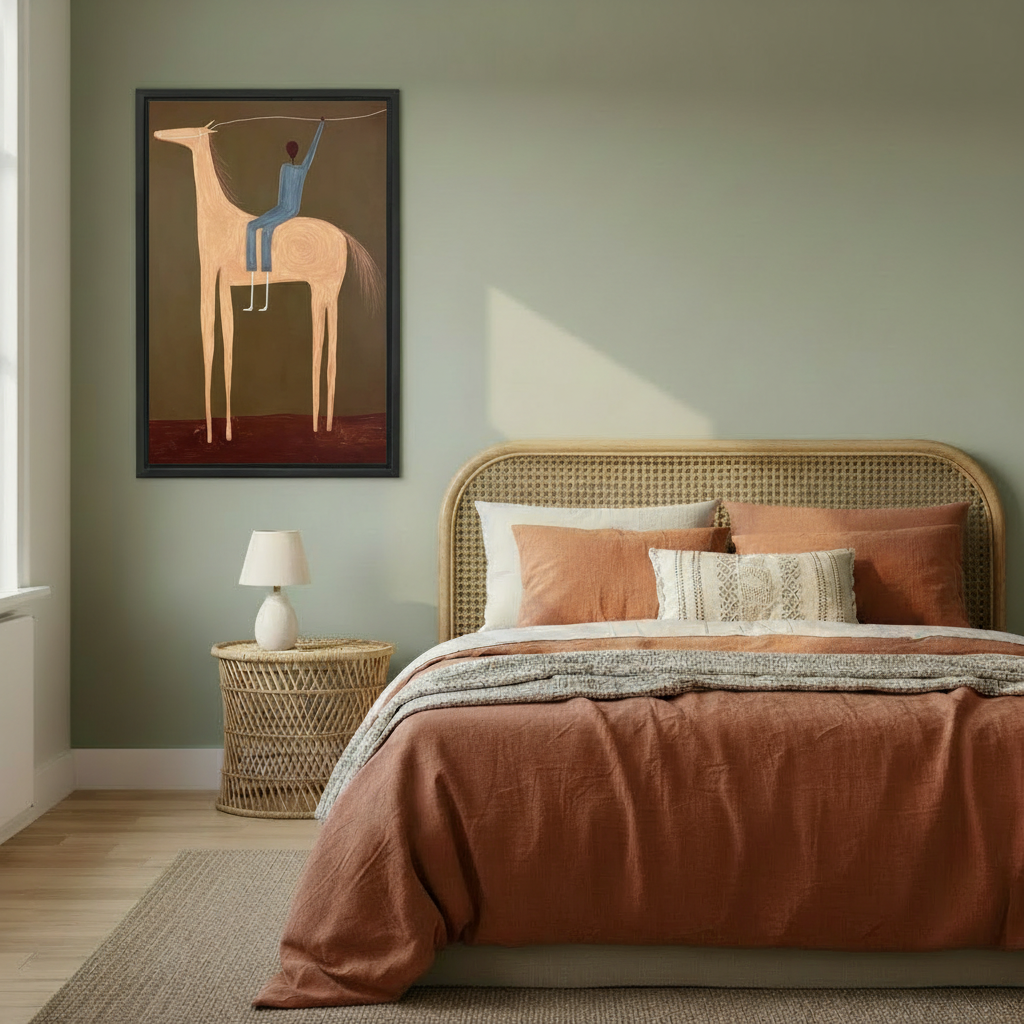 Abstract equestrian oil painting canvas wall art above bedroom bed — minimalist horse rider print, cozy room decor