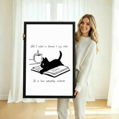 Minimalist funny cat quote canvas print, black cat on book with coffee cup illustration
