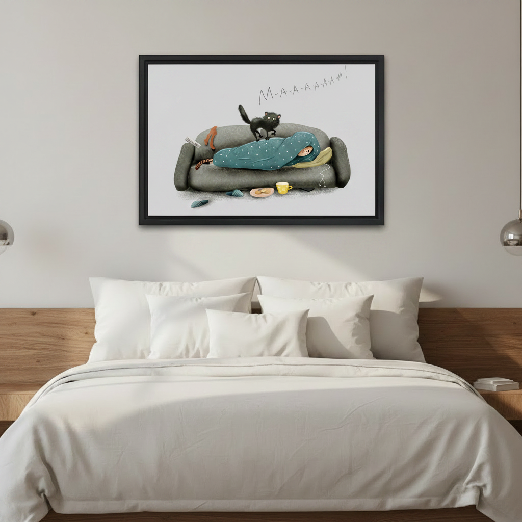 Cat humor canvas wall art print in black frame — funny sleeping disrupted cat illustration for entryway or hallway