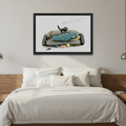Cat humor canvas wall art print in black frame — funny sleeping disrupted cat illustration for entryway or hallway