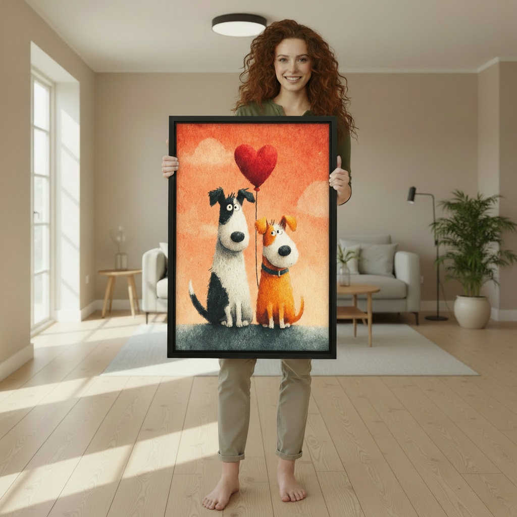 Whimsical Dog Duo Heart Balloon Canvas Wall Art - Charming Animal Framed Print for Modern Home