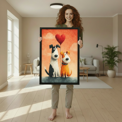 Whimsical Dog Duo Heart Balloon Canvas Wall Art - Charming Animal Framed Print for Modern Home