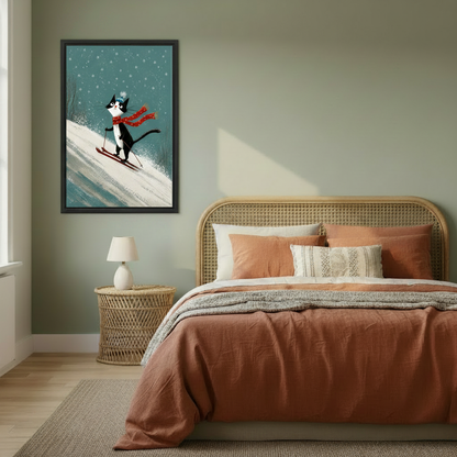 Playful skiing cat in red scarf black frame displayed above bedroom headboard