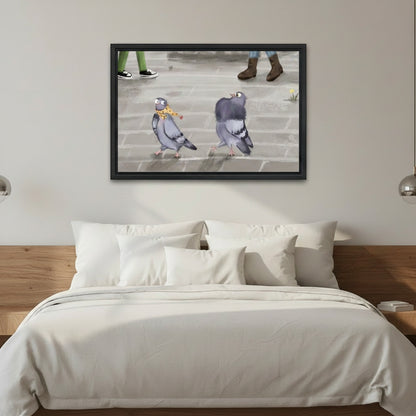 Funny pigeon canvas wall art hung above bed in cozy bedroom, whimsical city bird print, playful eclectic room decor
