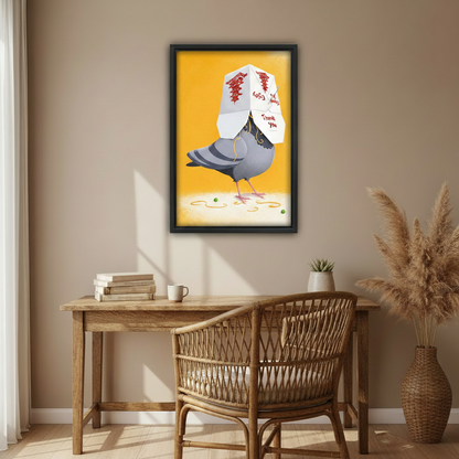 Street art style funny bird canvas print, yellow background, framed wall art