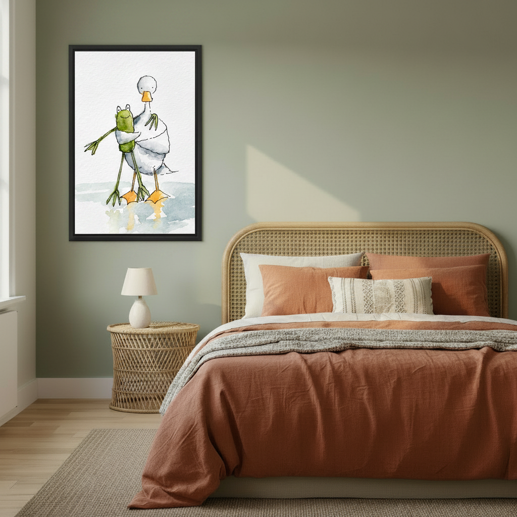 Cute frog and goose watercolor art print in black frame – whimsical friendship illustration, cozy living room wall decor