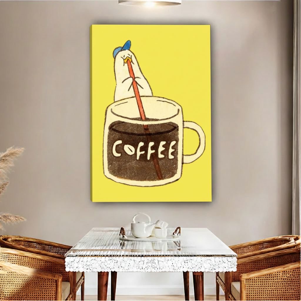 Bold yellow chicken coffee art framed canvas print hanging in home office above wooden desk