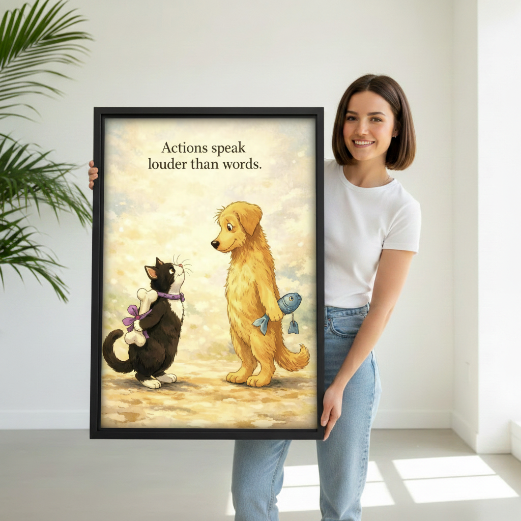 Woman holding cat and dog gift quote canvas wall art print with black frame, white studio background