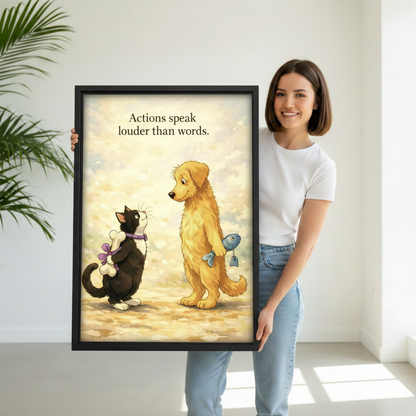 Woman holding cat and dog gift quote canvas wall art print with black frame, white studio background