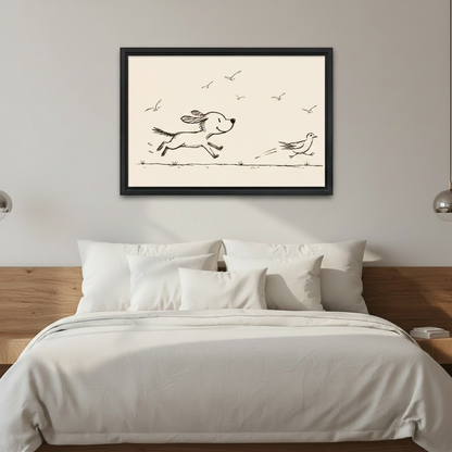 Framed playful dog sketch wall art, unique pet lover gift idea for living room