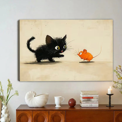 Funny Black Cat and Mouse Framed Canvas Wall Art|Liberty Signs#L1768