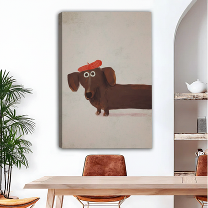 Whimsical dachshund red beret canvas art leaning against dining room wall, funny oil painting style wiener dog portrait on grey background, unique home decor