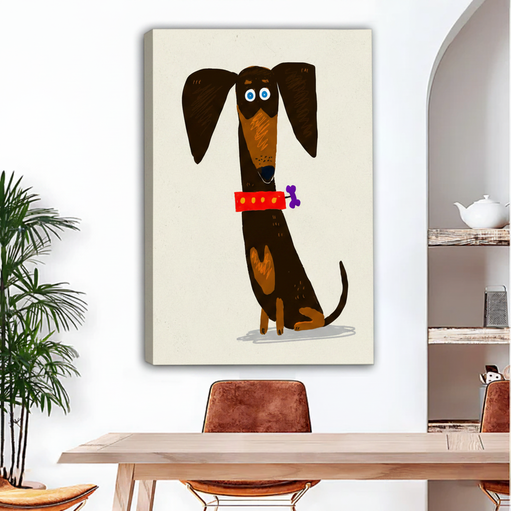 Adorable dachshund dog gallery wrap canvas art on white wall, frameless pet lover home decor