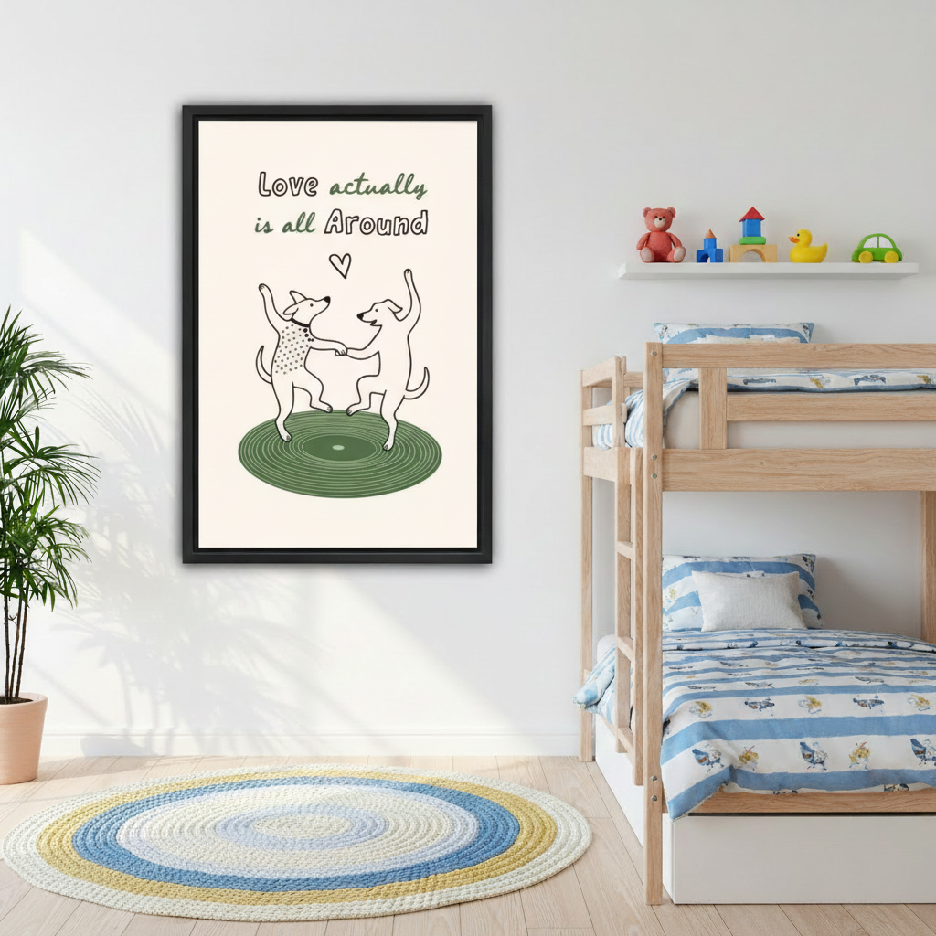 Love Actually Is All Around dancing dogs framed print displayed above modern living room sofa, minimalist home decor