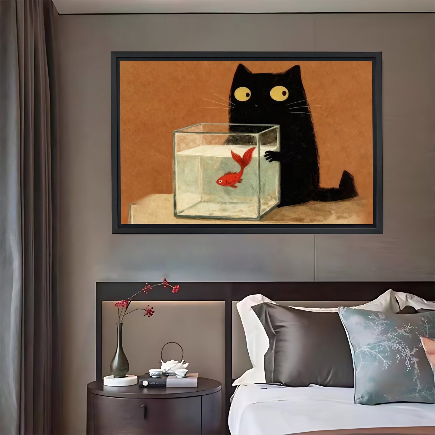 Mischievous Black Cat & Goldfish Bowl Wall Art Print| Liberty Signs #L1593