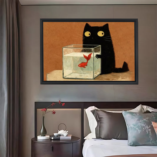 Mischievous Black Cat & Goldfish Bowl Wall Art Print| Liberty Signs #L1593