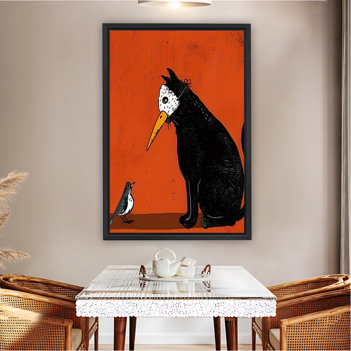 Mysterious Black Cat with Bird Mask Orange Background Art Print| Liberty Signs #L1564