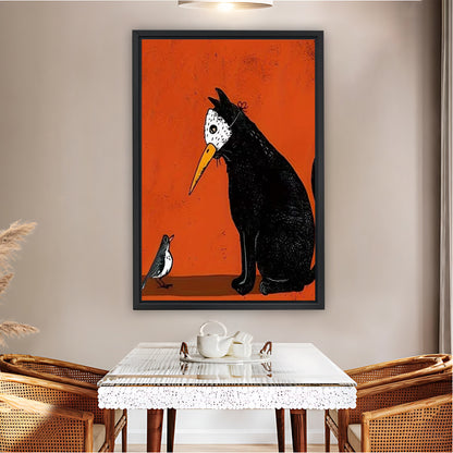 Mysterious Black Cat with Bird Mask Orange Background Art Print| Liberty Signs #L1564