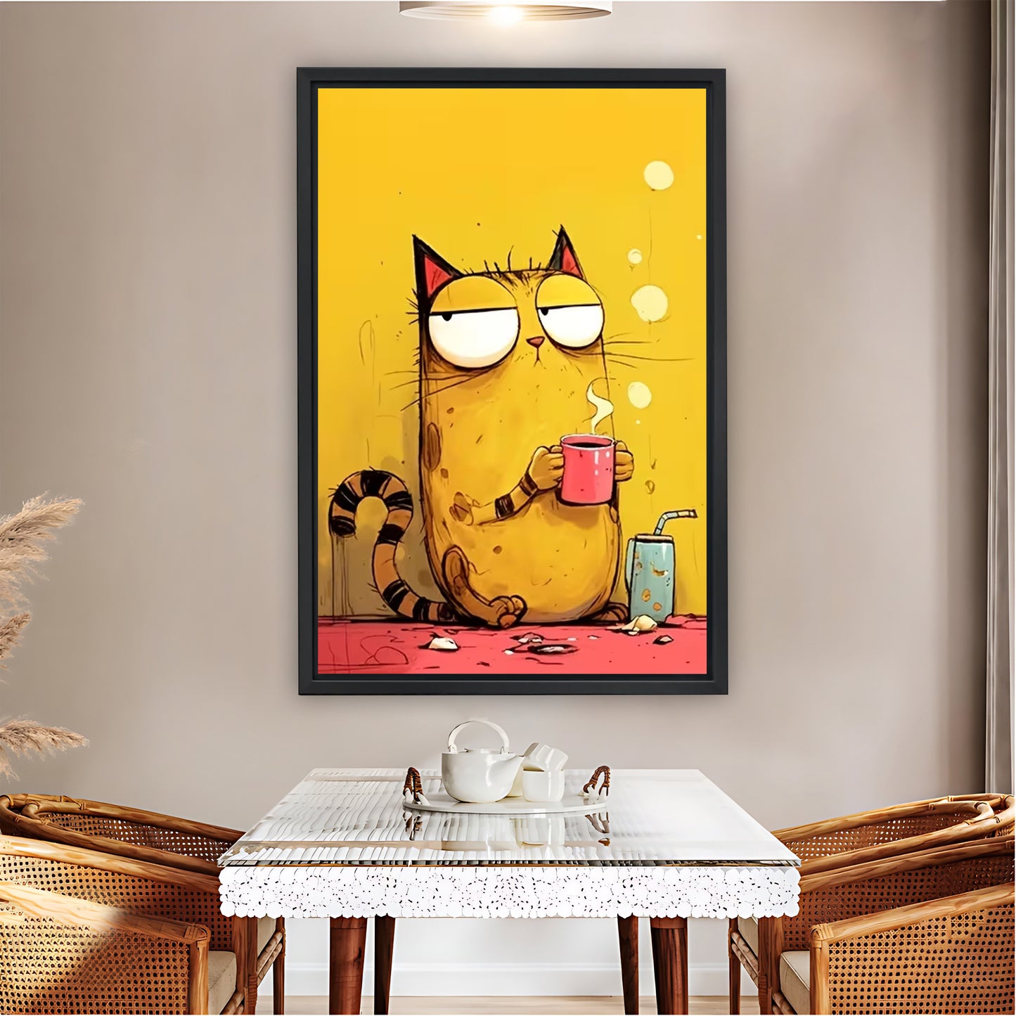 Relatable Tired Cat with Coffee Cup Wall Art Print| Liberty Signs #L1602