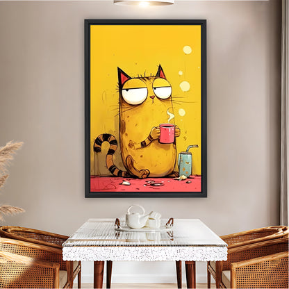 Relatable Tired Cat with Coffee Cup Wall Art Print| Liberty Signs #L1602