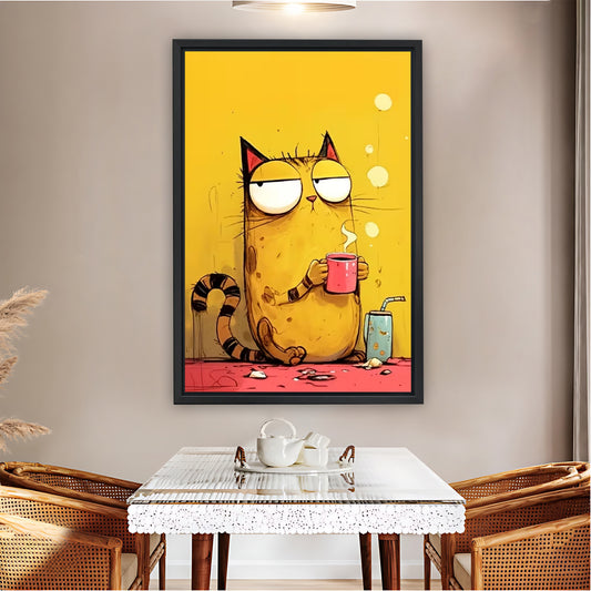 Relatable Tired Cat with Coffee Cup Wall Art Print| Liberty Signs #L1602