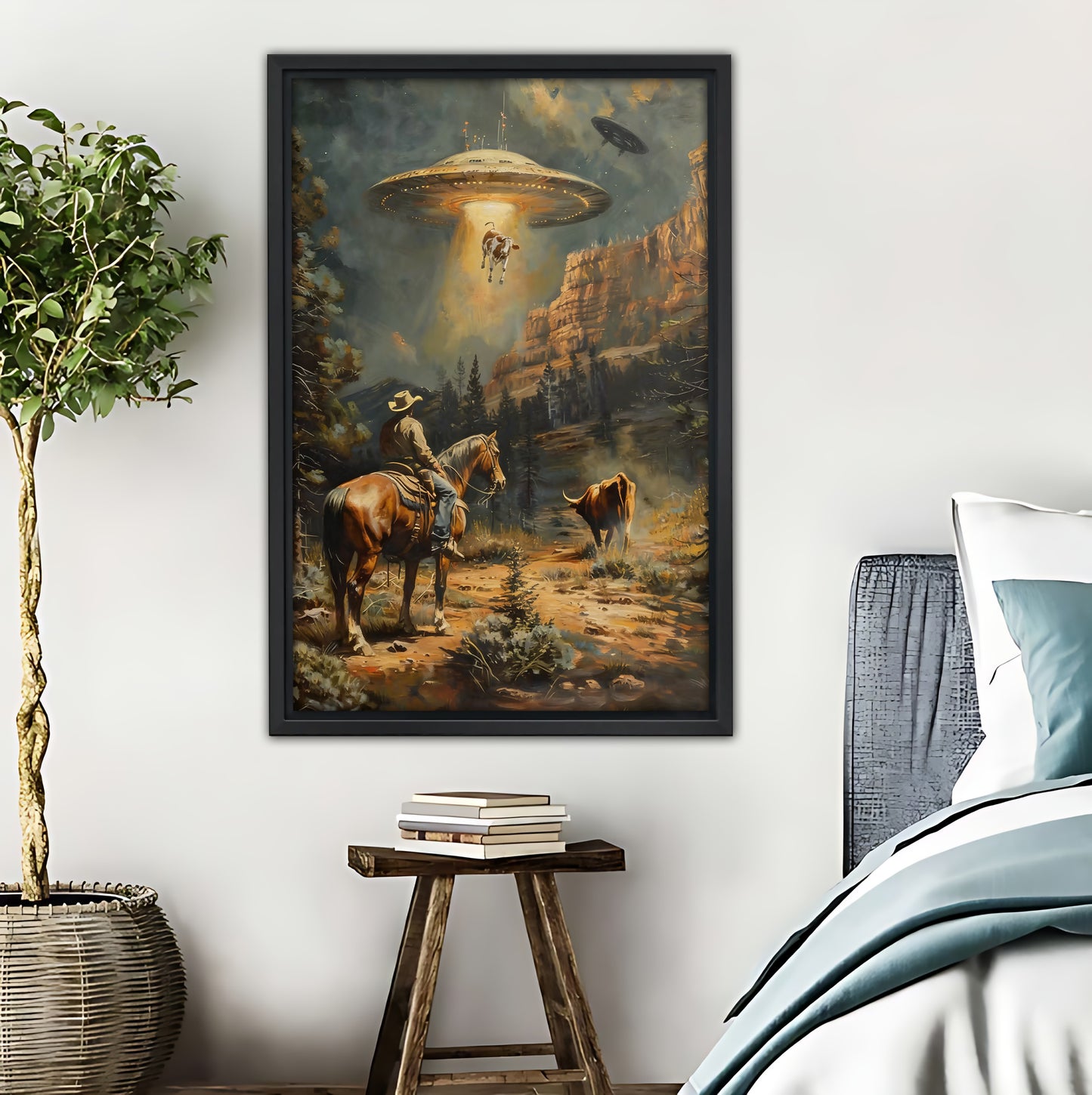 Vintage Western Cowboy & UFO Encounter Art Print | Surreal Wall Decor|Liberty Signs #L418