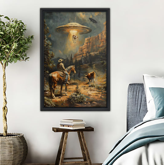 Vintage Western Cowboy & UFO Encounter Art Print | Surreal Wall Decor|Liberty Signs #L418