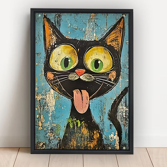 Goofy Black Cat with Oversized Green Eyes Wall Art Print| Liberty Signs #L1619