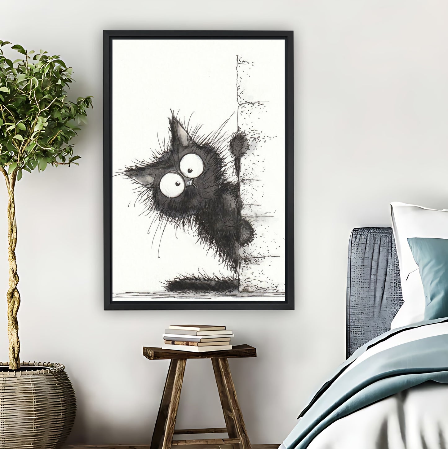 Mischievous Fluffy Black Cat Peeking Wall Art Print| Liberty Signs #L1582