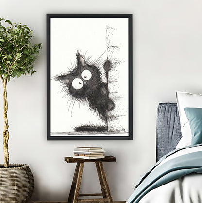 Mischievous Fluffy Black Cat Peeking Wall Art Print| Liberty Signs #L1582