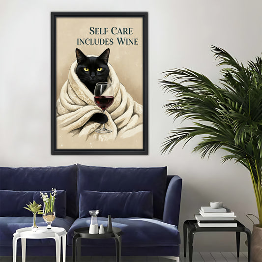 Black Cat Self Care Wine Wall Art - Cozy Relaxation Canvas Print|Liberty Signs#L318