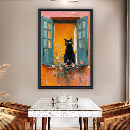 Whimsical Black Cat in Colorful Mediterranean Window Wall Art Print| Liberty Signs #L1576