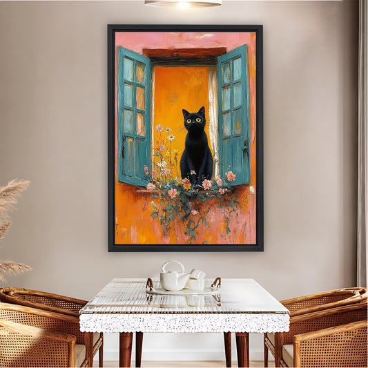Whimsical Black Cat in Colorful Mediterranean Window Wall Art Print| Liberty Signs #L1576
