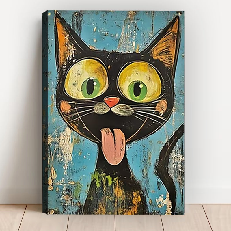 Goofy Black Cat with Oversized Green Eyes Wall Art Print| Liberty Signs #L1619