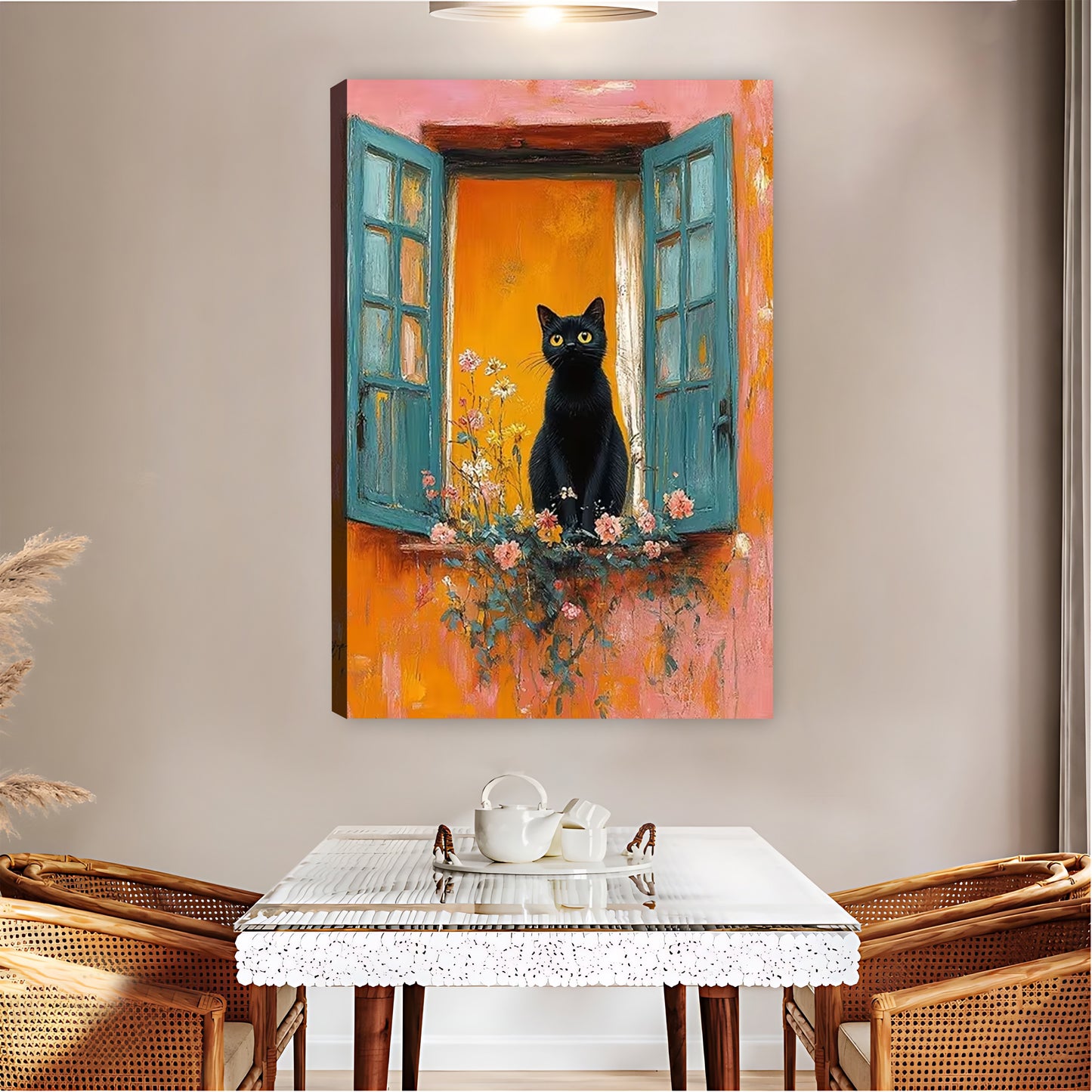 Whimsical Black Cat in Colorful Mediterranean Window Wall Art Print| Liberty Signs #L1576