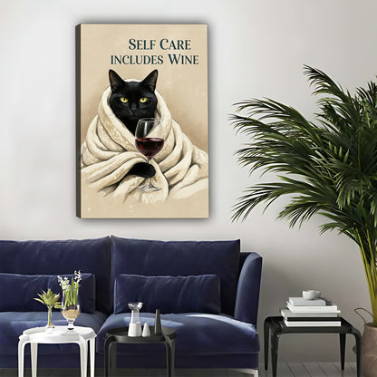 Black Cat Self Care Wine Wall Art - Cozy Relaxation Canvas Print|Liberty Signs#L318