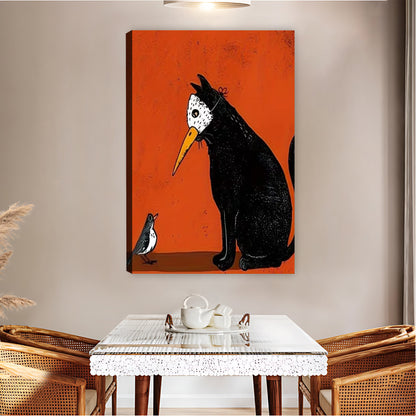 Mysterious Black Cat with Bird Mask Orange Background Art Print| Liberty Signs #L1564