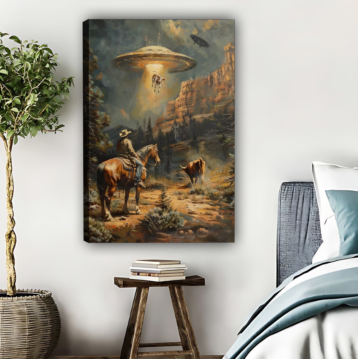Vintage Western Cowboy & UFO Encounter Art Print | Surreal Wall Decor|Liberty Signs #L418