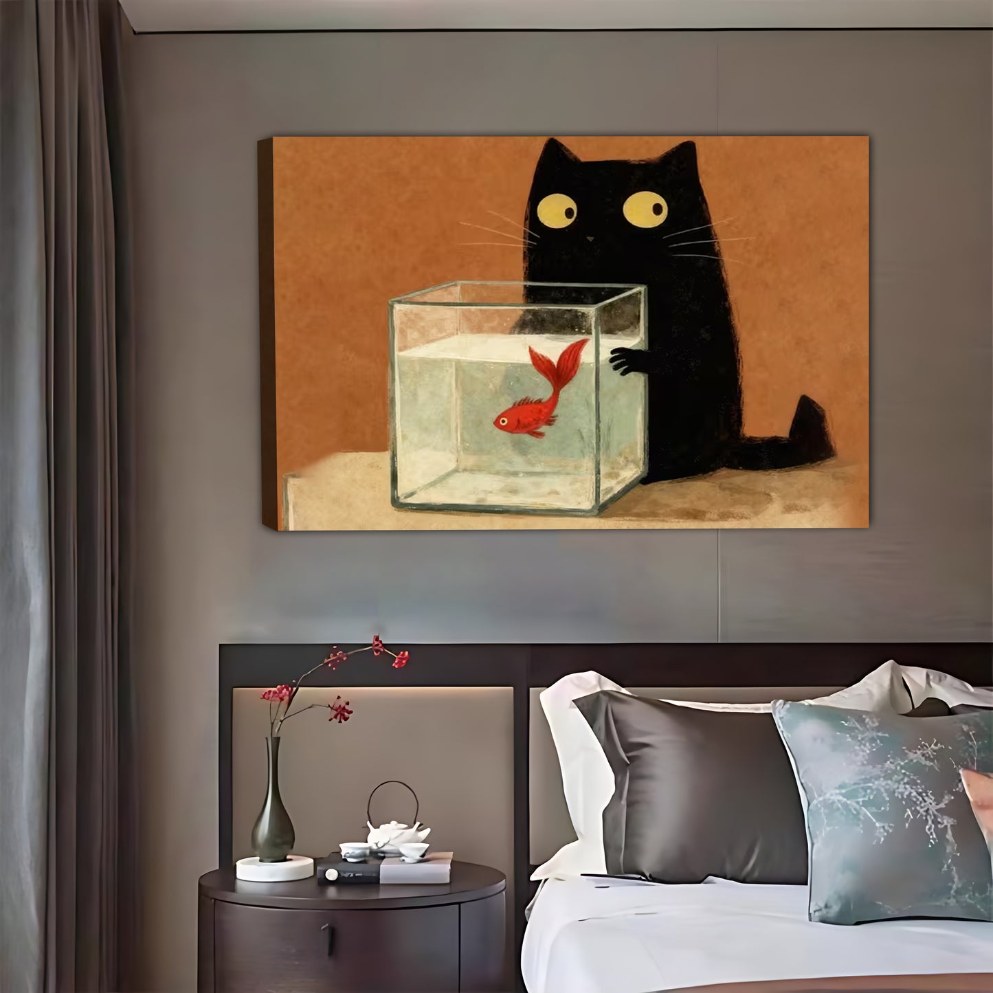 Mischievous Black Cat & Goldfish Bowl Wall Art Print| Liberty Signs #L1593