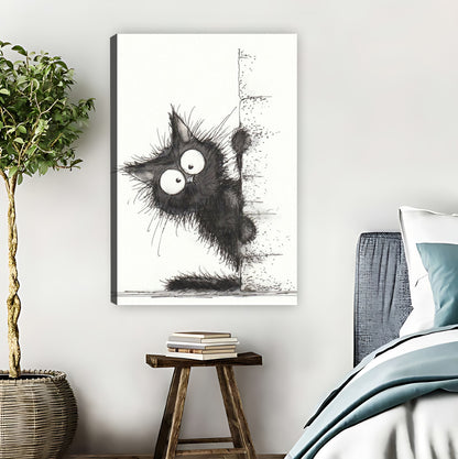 Mischievous Fluffy Black Cat Peeking Wall Art Print| Liberty Signs #L1582