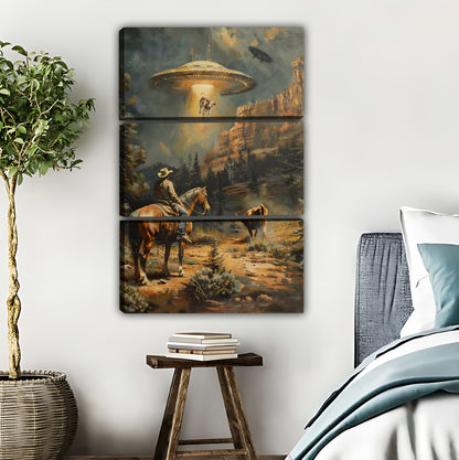 Vintage Western Cowboy & UFO Encounter Art Print | Surreal Wall Decor|Liberty Signs #L418