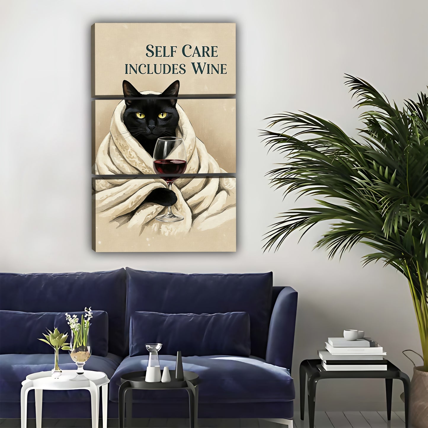 Black Cat Self Care Wine Wall Art - Cozy Relaxation Canvas Print|Liberty Signs#L318