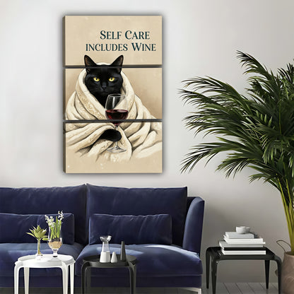 Black Cat Self Care Wine Wall Art - Cozy Relaxation Canvas Print|Liberty Signs#L318