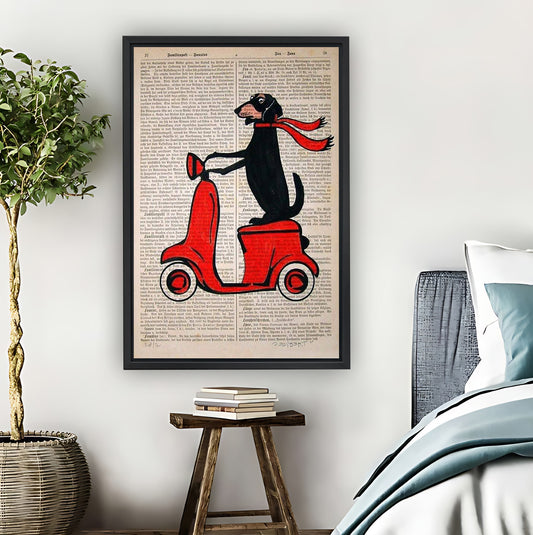 Dog on Red Scooter Vintage Dictionary Page Wall Art|Liberty Signs #L817