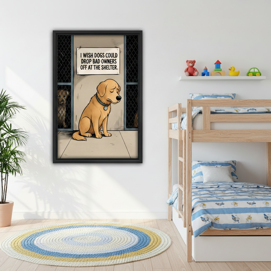 Humorous golden retriever shelter illustration canvas print, black frame, children bedroom wall art, funny dog decor